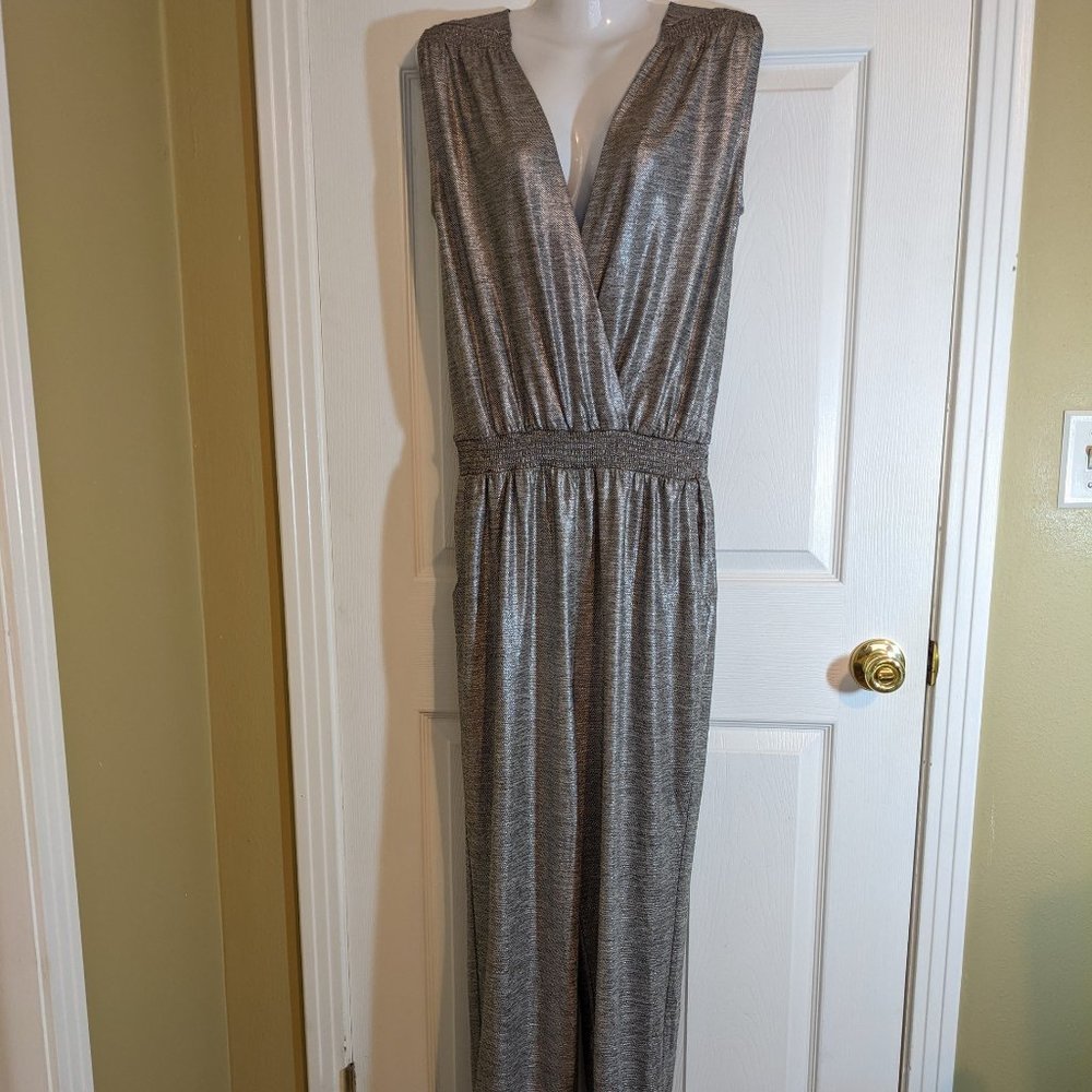 Anthropologie Silver Metallic Sleeveless Elastic Waist Jogger Jumpsuit - S/M